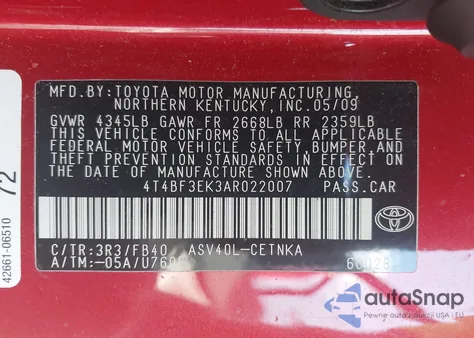 2010 Toyota Camry Le from USA, damaged, VIN 4T4BF3EK3AR022007